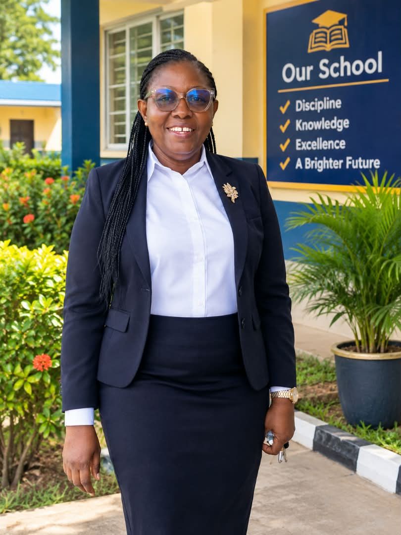 The school proprietress in a navy blazer standing beside the Our School noticeboard
