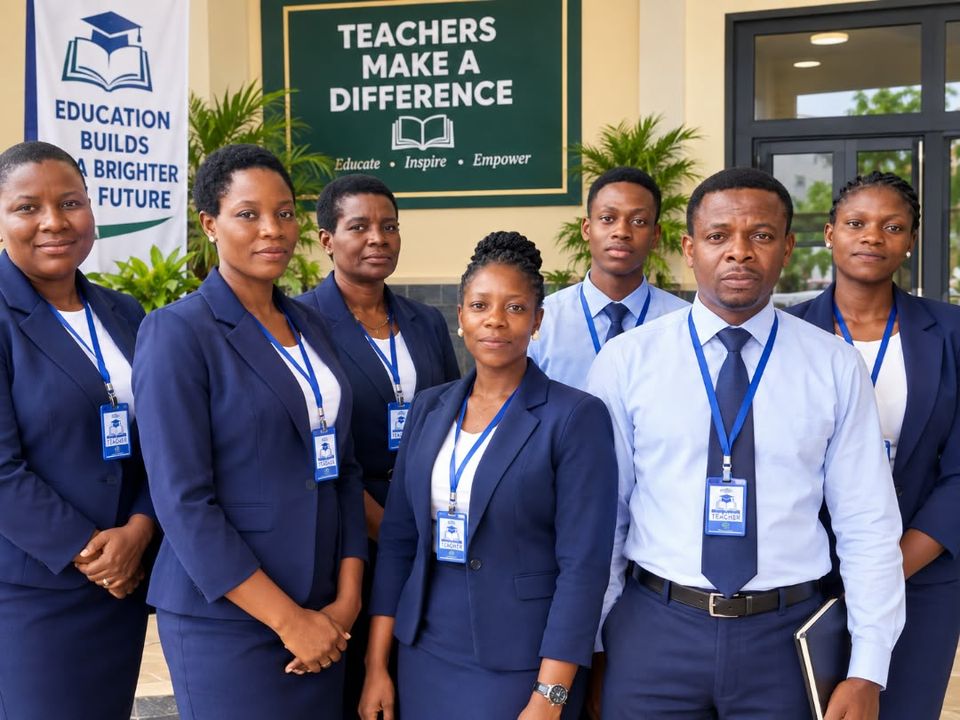 Four teachers in matching navy blazers in front of a Teachers Make A Difference board